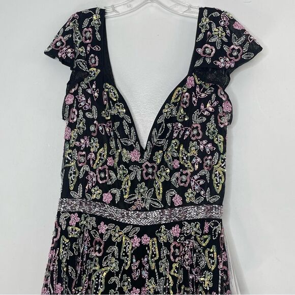 Mac Duggal 5353 Size 14W Floral Beadwork Flare Short Cap Sleeve A-Line Dress - Picture 4 of 13